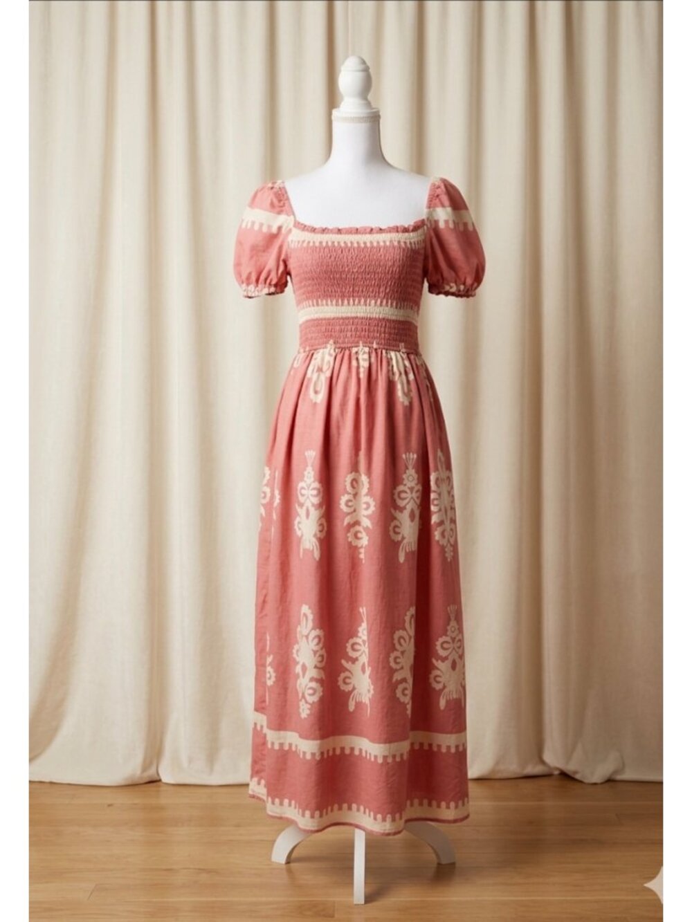 Boho-Style Smocked Bodice Maxi Dress size Large With Puff Sleeves & Floral Print